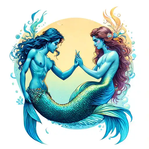Mermaid And Merman Gracefully Holding Tattoo idea