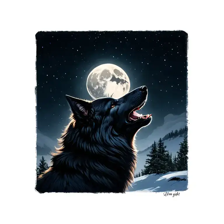 Late Night Howlers With A Black Wolf Howling Up At A Sliver Moon