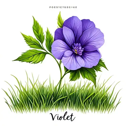 Violet Flower Ontop Of Grass With The Name Violet In Cursive Underneath