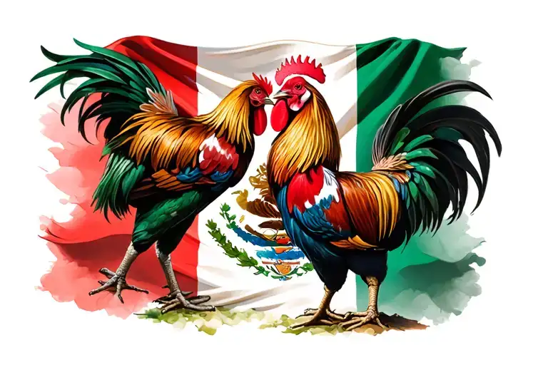 Big Mexico Flag In Background With Two Roosters Fighting In Front