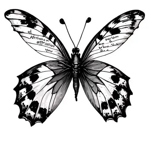 A Butterfly With Words Of Affrimationbon Left Shoulder Black Ink Small Tattoo idea