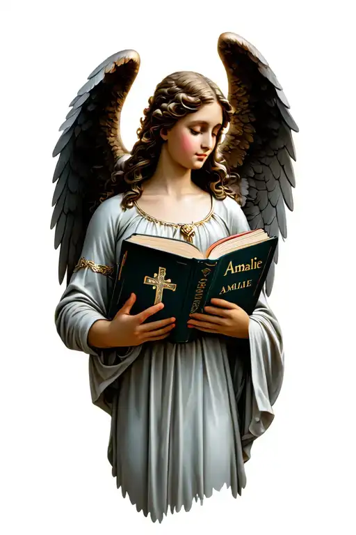 Angel Holding Book With The Name Amalie In It And A Holy Cross
