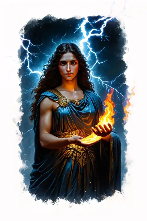Greek Goddess With Lightning And Fire In Her Hands And In The Background