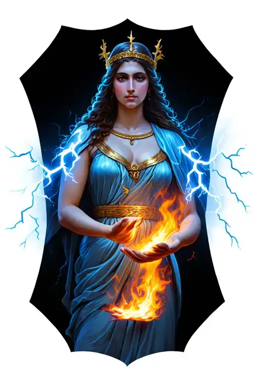 Greek Goddess With Lightning And Fire In Her Hands
