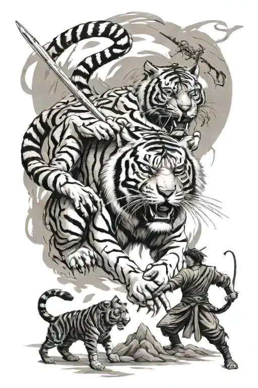 Tiger Fighting Other Demons With Samurai Warrior In A Simulated Matrix World