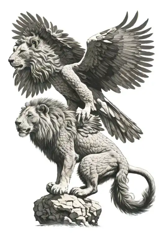 A Lion With A Falcon Diving