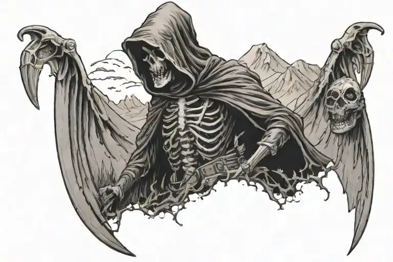 A Grim Reaper Overlooking A Mountain Range With Bombs Dropping In A Dotwork Style
