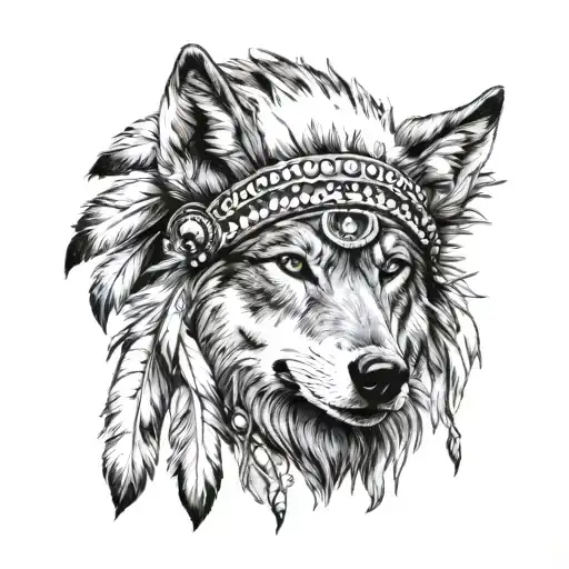 Wolf Head In Indian Headdress