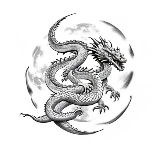 Dragon And Snake Intertwined Around The Moon