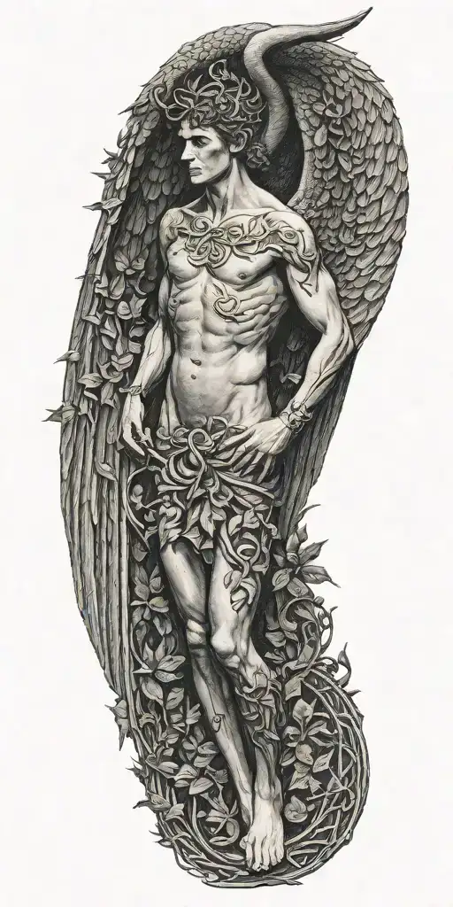 Skinny Lucifer Franz Von Stuck With Wings Surrounded By Celtic Leaves