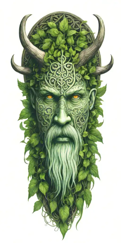Field Of Leaves And Celtic Symbols Containing Green Man Face With Horns