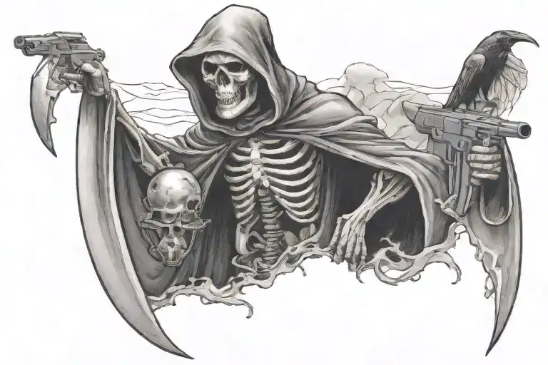 A Grim Reaper Holding A Machine Gun With Bombs Dropping Around Him