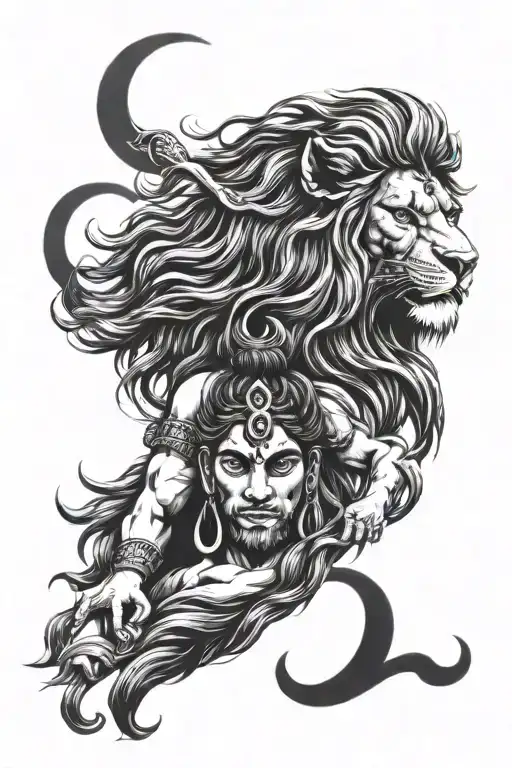 Shiva Face Wil Long Hairs And Lion Face On Other Side With Trishul In Middle
