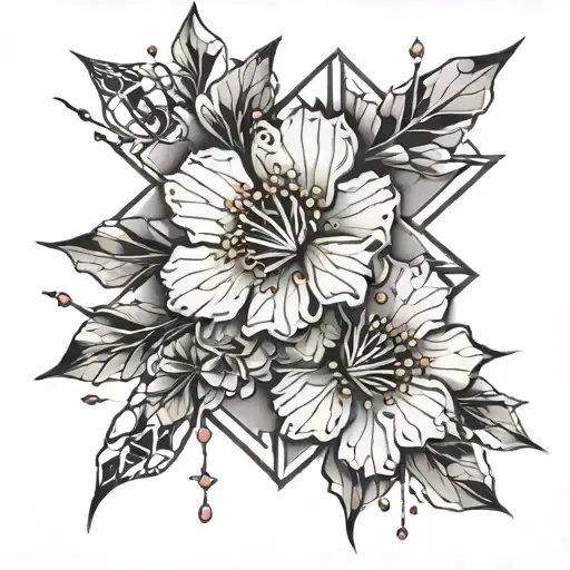 A Vibrant And Detailed Sakura Flower Intertwined With Abstract Geometric Shapes