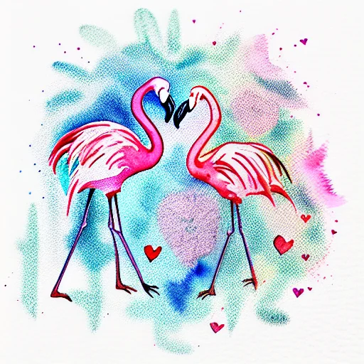 Watercolor Two Pink Flamingos In Love