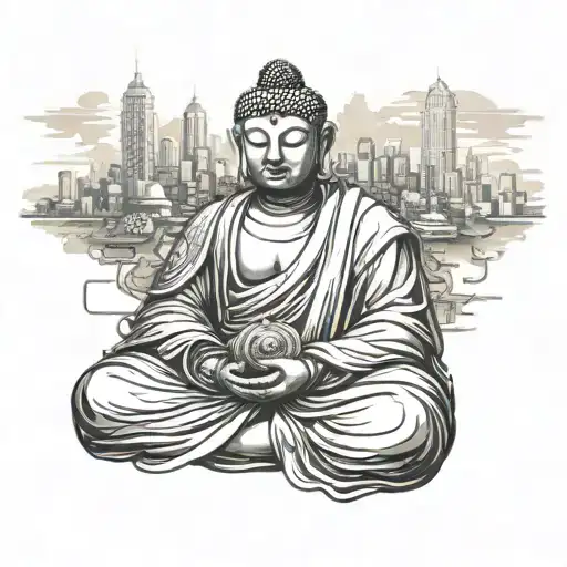 A Robot Monk Looking Like Shakyamuni Buddha With A Cyberpunk Tokyo-like City Behind It