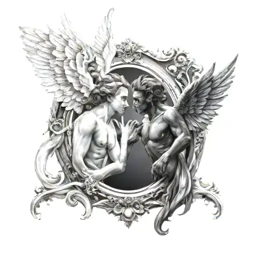 Angel And Demon With Wings In The Mirror Looking At Each Other In The Mirror
