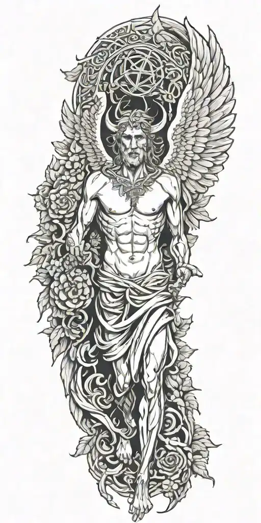 Skinny Lucifer With Wings In Style Of Greek God Surrounded By Celtic Leaves