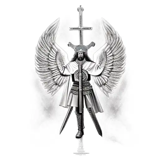 Orthodox Archangel Michael In Battle Holding A Sword Up High