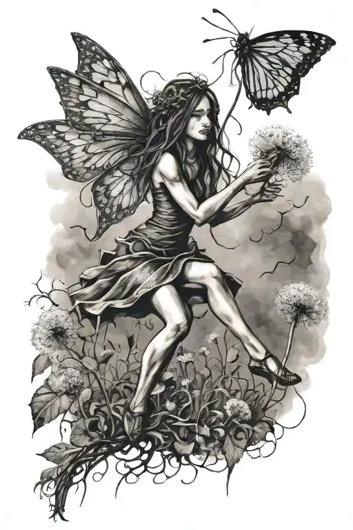 Iron Fairy Holding On To A Dandelion Carried Away By The Wind