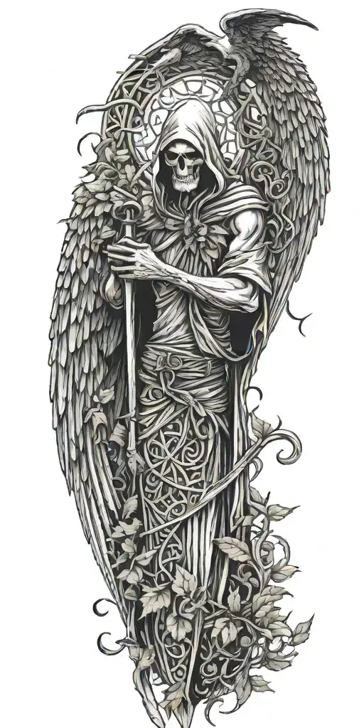 Skinny Lucifer With Wings In Style Of Grim Reaper Surrounded By Celtic Leaves