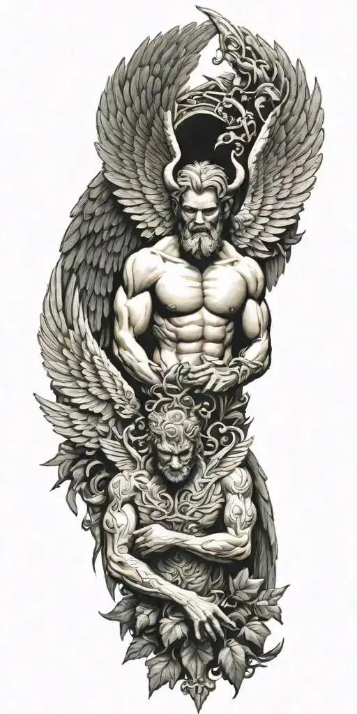 Lucifer With Wings In Style Of Greek God Surrounded By Celtic Leaves