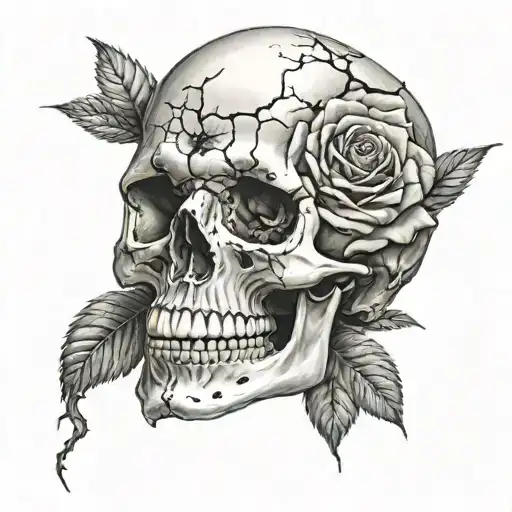 Realistic Skull With Cracks And Broken Teeth And A Rose Underneath It