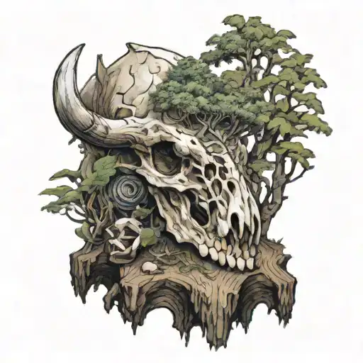 A Bison Skull Sitting On A Tree Stump With A New Tree Growing Out Of The Skull