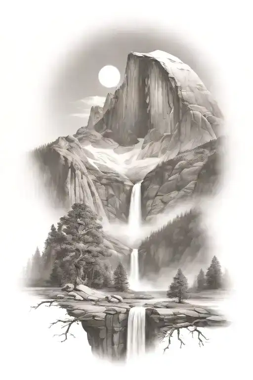 Half Dome Below Mt Whitney With Waterfall And A Trail Leading Up The Middle