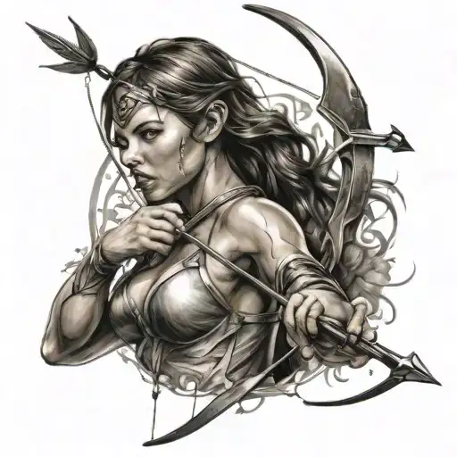 Thight Tattoo Of Woman Holding Bow And Arrow