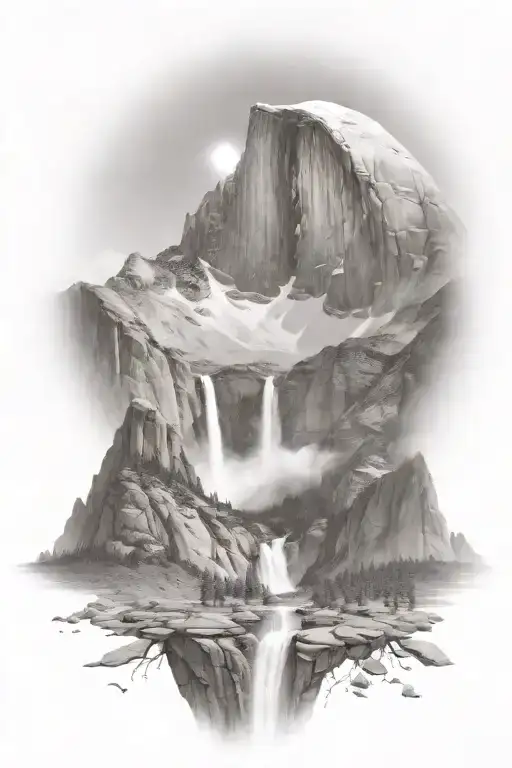 Half Dome Below Mt Whitney With Waterfall And A Trail Leading Up The Middle