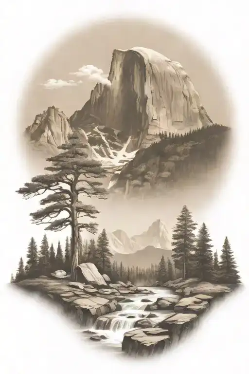 John Muir Trail Theme With Half Dome And Waterfall And Hiking Trail