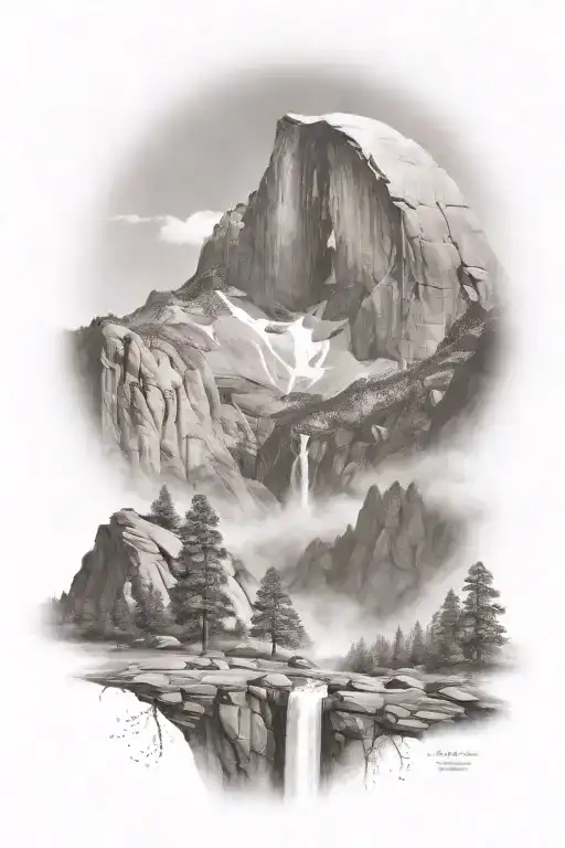 Half Dome Below Mt Whitney With Waterfall And A Trail Leading Up The Middle