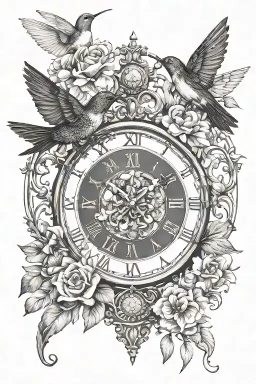 Filigree Design With Flowers Surrounding Roman Numeral Clock And Humming Birds