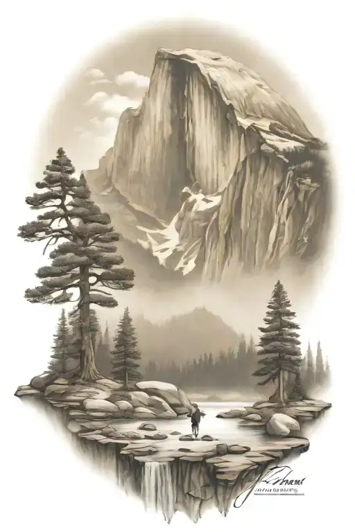 John Muir Trail Theme With Half Dome And Waterfall And Hiking Trail