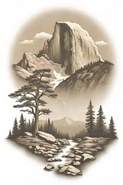 John Muir Trail Theme With Half Dome And Waterfall And Hiking Trail