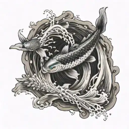 A Black And Grey Japanese Koi Fish Swimming Up A Japanes Waterfall