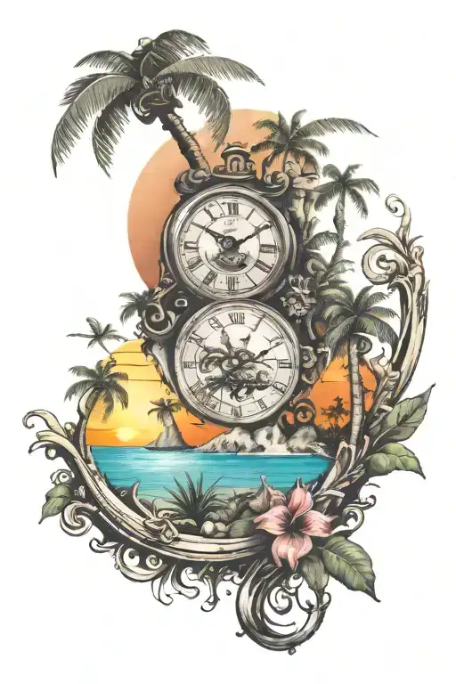 A Clock Melting Into A Tropical Island Sunset With Italian Symbols For Luck Embedded In The Scenery