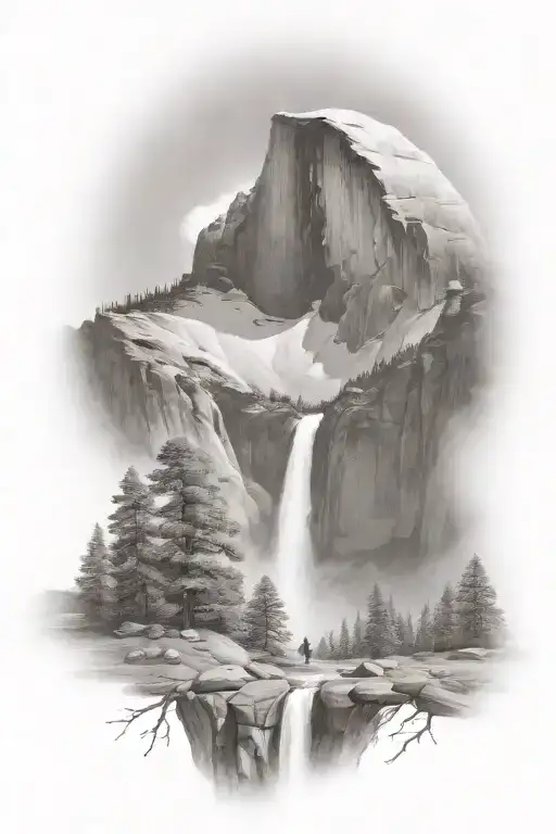 Half Dome Below Mt Whitney With Waterfall And A Trail Leading Up The Middle