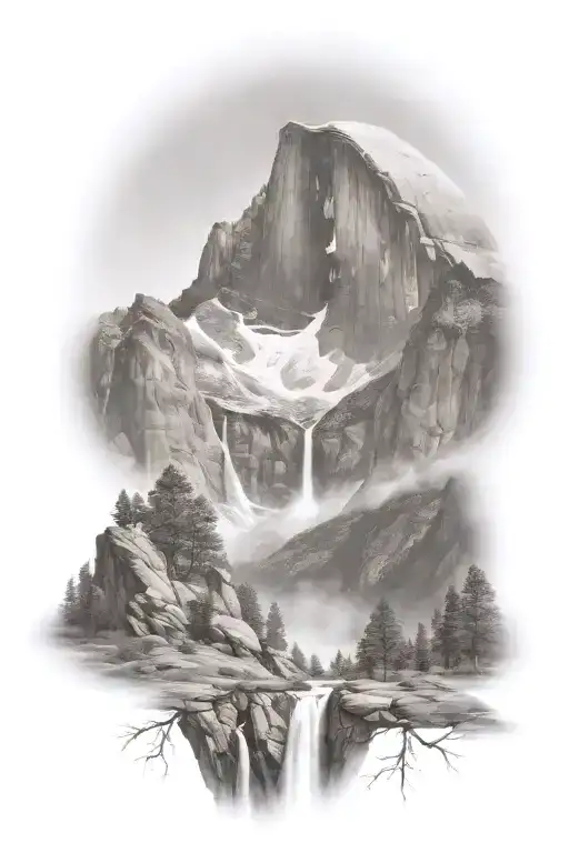 Half Dome Below Mt Whitney With Waterfall And A Trail Leading Up The Middle