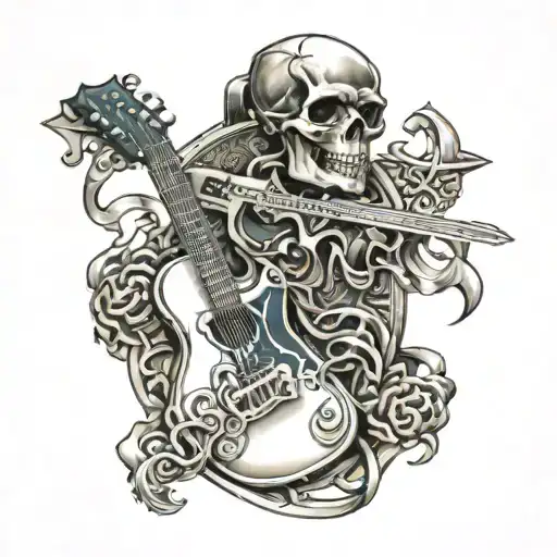 Gothic Text Intertwined With Skull And Crossed Guitars