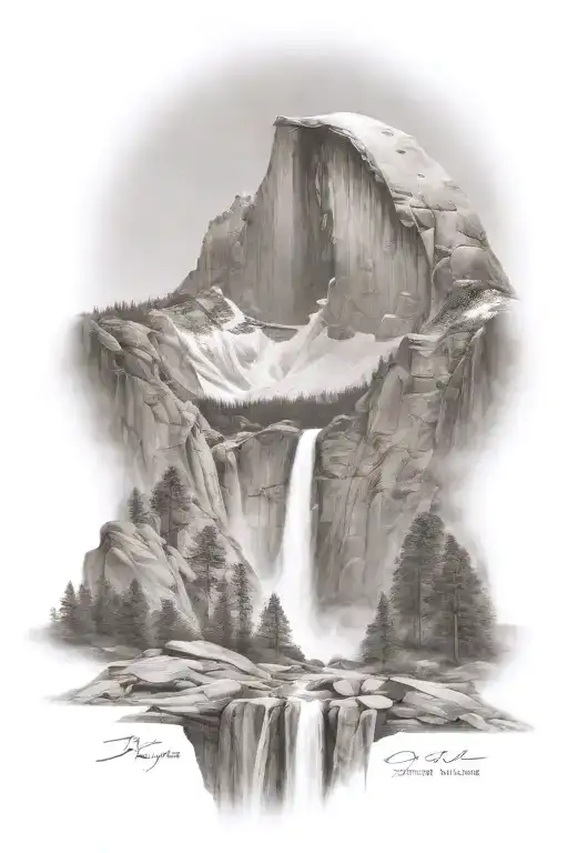 Half Dome Below Mt Whitney With Waterfall And A Trail Leading Up The Middle