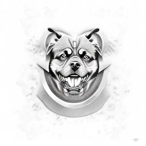 Rottweiler With Sharp Teeth And Dog Tags Around Its Neck