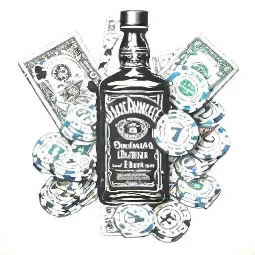 Jack Daniels Number 7 With Poker Chips And Money