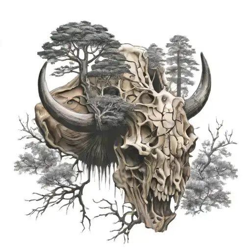 A New Tree Growing From A Bison Skull With Dead Trees In The Background