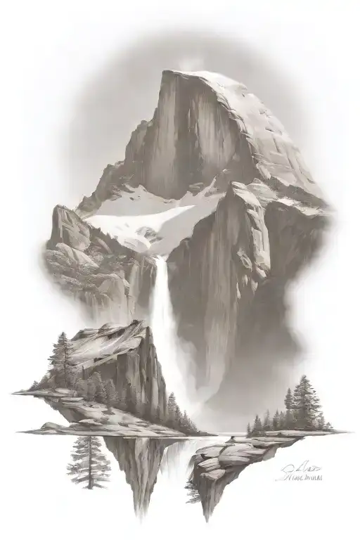 Half Dome Below Mt Whitney With Waterfall Hiking Trail Leading Up From The Bottom