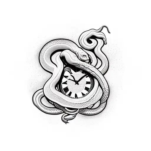 A Coiled Snake Above The Clock With Burgundy Petals Scattered Everywhere