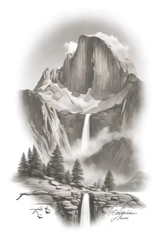 Half Dome Below Mt Whitney With Waterfall And A Trail Leading Up The Middle