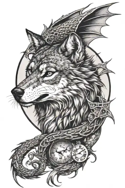 Wolf Owling Full Moon And A Dragon Wrapped
