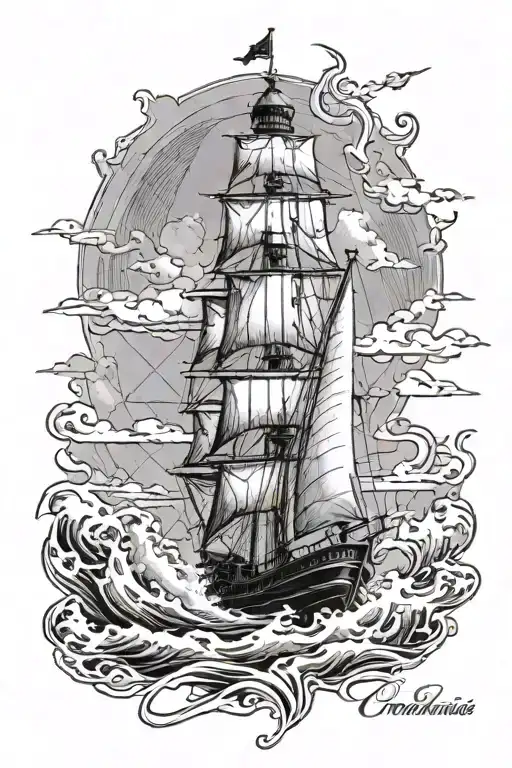 Sail Ship Sailing Through Stormy Seas Lightning And Lighthouse In Distance